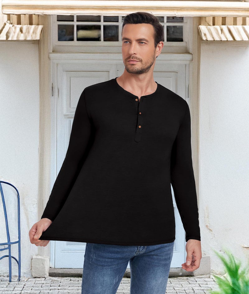 PEGENO Men's Casual Slim Fit Long Sleeve Henley T-Shirts Cotton Shirts (US Medium, A5 Black) - Image 4